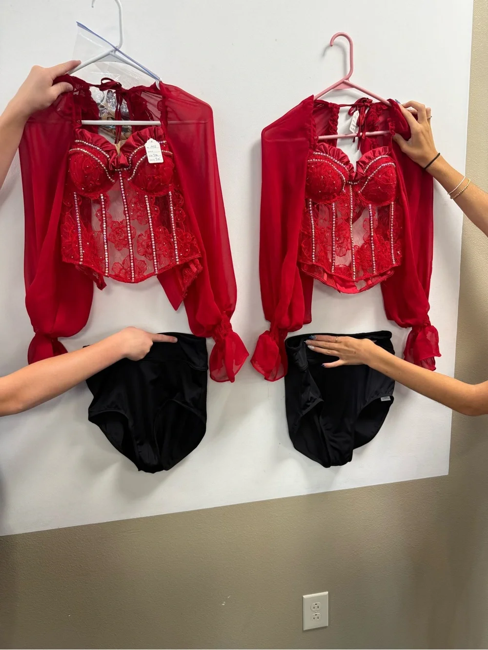 Dance Costume: Red Lace Bustier Top with Sheer Bishop Sleeves & Black Bottoms